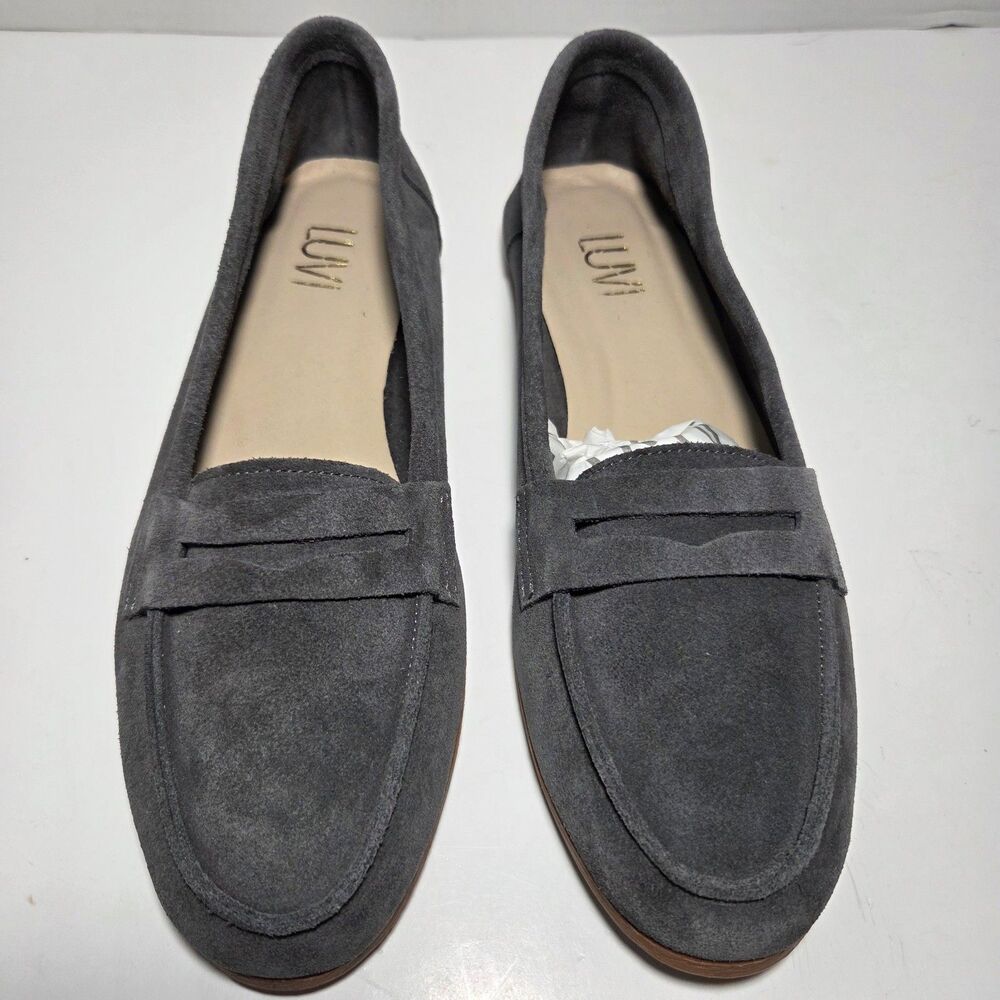 New LUVI Womens Grey Suede Penny Loafers Slip-On Flats Moccasins Size 9.5 Casual